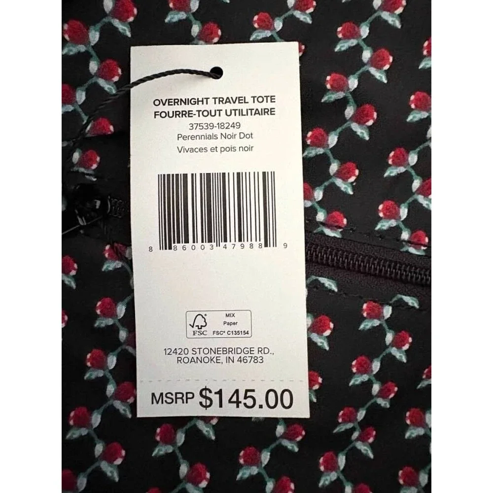 Vera Bradley Cotton Overnight Tote Travel Bag Perennials Noir Dot-NWT - Picture 5 of 6